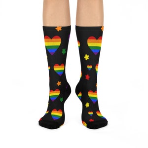 Rainbow Heart Pride Cushioned Crew Socks, LGBTQ+ Pride Socks, Pride Heart Socks, Gay Pride Socks, Cute Rainbow Heart Socks
