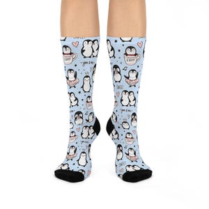 Penguin Print Crew Socks | Blue Pastel, Hearts & Mugs