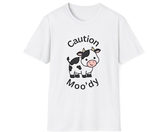 Caution Moo&#39;dy Unisex Softstyle T-Shirt - Fun Cow Graphic Tee, Cute Gift for Farm Lovers, Animal Lovers, Casual Wear, Perfect for Birthdays