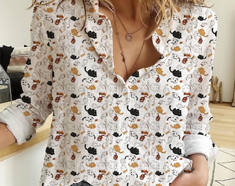 Cute Cat 3D All Over Printed Women Casual Shirt,Cat Women Blouses,Cat Women Linen Shirt,Casual Long Sleeve Button Down,Cat Lover's Gifts
