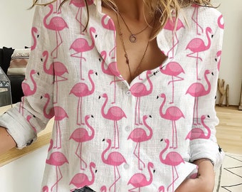 Flamingo 3D All Over Print Women Casual Shirt,Flamingo Linen Shirt,Flamingo Women Blouses,Casual Long Sleeve Button Down,Flamingo Lover Gift