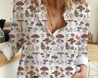 Boho Mushroom 3D All Over Print Women Casual Shirt, Blouses For Women,Mushroom Linen Shirt,Mushroom Casual Long Sleeve Button Down Shirt