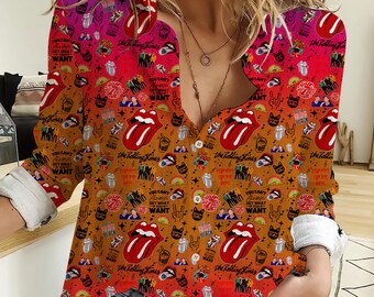 Rolling Stones 3D All Over Printed Women Casual Shirt,Rolling Stones Women Blouses,Rolling Stones Linen,Casual Long Sleeve Button Down Shirt