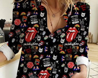 Rolling Stones 3D All Over printed Frauen Freizeithemd, Rolling Stones Damen Blusen, Rolling Stones Leinenhemd, lässige lange Ärmel mit Knöpfen