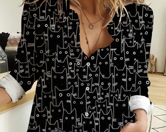 Cute Black Cat 3D All Over Print Women Casual Shirt,Black Cat Women Blouses,Cat Linen Shirt,Casual Long Sleeve Button Down,Cat Lover's Gifts