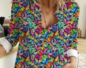 Colorful Butterfly 3D All Over Print Women Casual Shirt,Butterfly Women Blouses,Butterfly Linen Shirt,Casual Long Sleeve Button Down