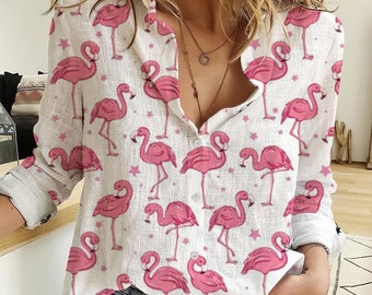 Flamingo 3D All Over Print Women Casual Shirt,Flamingo Women Blouses,Flamingo Linen Shirt,Casual Long Sleeve Button Down,Flamingo Lover Gift