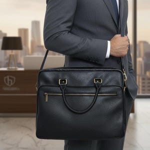 Puede incluir: Un maletín de cuero negro con una correa para el hombro y herrajes dorados. El maletín tiene un cierre de cremallera y un asa superior. La persona lleva un traje gris y una camisa blanca con una corbata azul.