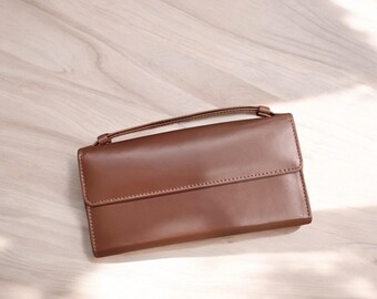 Personalized Tan Leather Wallet: Handmade Women's Wristlet Phone Clutch