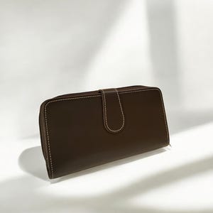 Cartera de piel para mujer color marrón oscuro, cartera de piel personalizada, cartera para teléfono para mujer, cartera larga hecha a mano - 4 colores disponibles