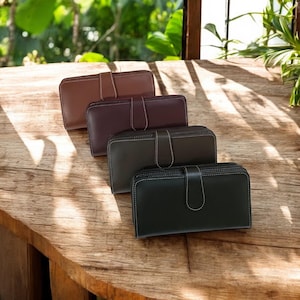Cartera de piel para mujer color marrón oscuro, cartera de piel personalizada, cartera para teléfono para mujer, cartera larga hecha a mano - 4 colores disponibles