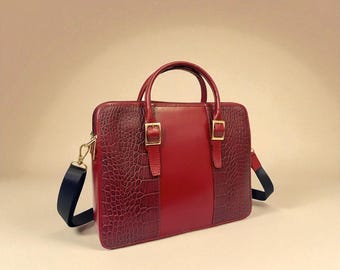 Personalized Red Leather Tote Bag: Women's 12" Laptop Messenger Bag