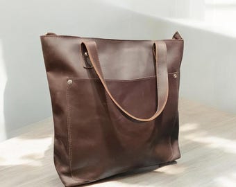 Dark Brown Leather Tote Bag: Extra Large Vintage Shoulder Bag