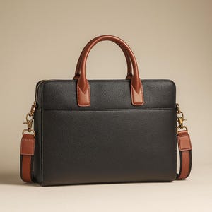 May include: Black leather briefcase with brown leather handles and accents. The bag has a detachable shoulder strap and a zipper closure. The hardware is gold-toned. The briefcase is rectangular and has a textured surface.