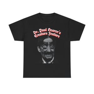 Pode incluir: T-shirt preto com uma imagem a preto e branco de um homem com uma expressão de surpresa. O texto "Dr. Paul Bearer's Creature Feature" está impresso acima da imagem em letras góticas vermelhas e brancas. A camisa é feita de um material macio.