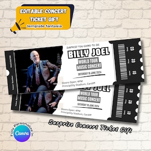 Billy Joel Konzertkarte 2024 Welttournee, druckbare Gefälschte Eintrittskarte Geschenk, Gig Benutzerdefinierte Konzertüberraschungsvorlage, personalisierte DIY Event-Karte