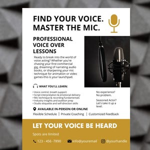 Może przedstawiać: Ulotka reklamowa na lekcje voice-over z tekstem "FIND YOUR VOICE. MASTER THE MIC." i "VOICE OVER LESSONS FLYER TEMPLATE". Ulotka zawiera mikrofon i filtr pop. Ulotka jest czarna, biała i złota.