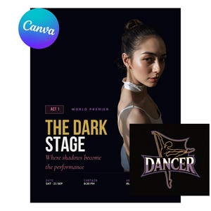 May include: A promotional poster for a dance performance titled "The Dark Stage." The poster features a woman in a white top against a dark background. Text includes "ACT 1," "World Premiere," and "Dancer."