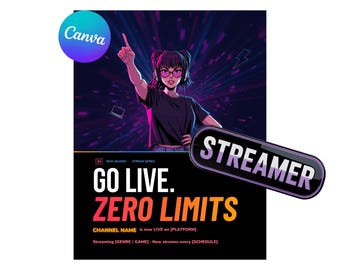 Streamer Launch Flyer Template Canva | Twitch, YouTube Channel Debut (Digital Download)