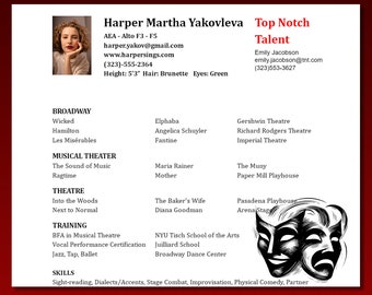 Musical Theater Resume Template: Professional Performer Resume - Etsy