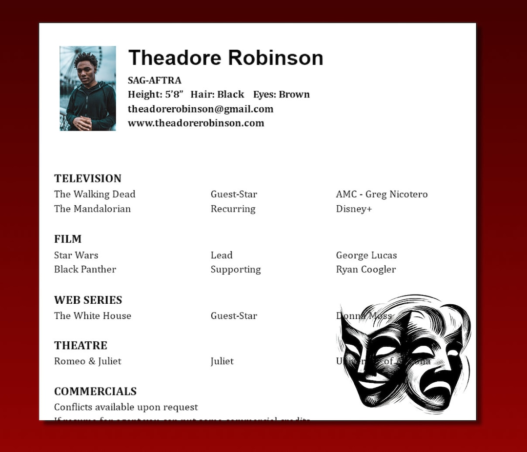 Actor Resume Template: Professional Theatrical Performer Resume - Etsy