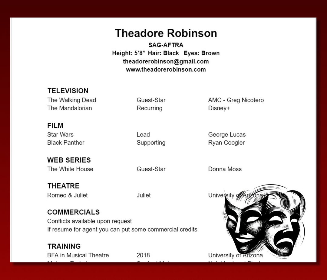 Actor Resume Template: Professional Theatrical Performer Resume - Etsy