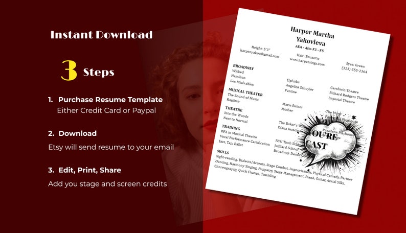 Musical Theater Resume Template: Professional Performer Resume - Etsy