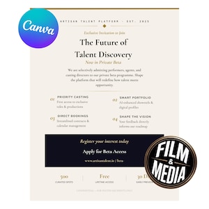 May include: Cream-colored flyer with the Canva logo and a Film & Media badge. Text includes "The Future of Talent Discovery" and "Apply for Beta Access." The flyer promotes a talent platform with features like priority casting and smart portfolios.