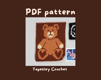 Teddy Bear Tapestry Crochet PDF Pattern, cute bear with heart paws, single crochet pattern, graph instructions
