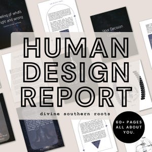 Puede incluir: Una colección de páginas impresas con el texto "HUMAN DESIGN REPORT" en letras grandes y en negrita. Las páginas tienen varios diseños y texto, con las palabras "divine southern roots" y "60+ PAGES ALL ABOUT YOU" también visibles.