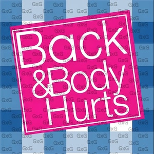 May include: A pink rectangle with the words "Back & Body Hurts" in white, set against a blue and white checkered background. The text is in a bold, sans-serif font.