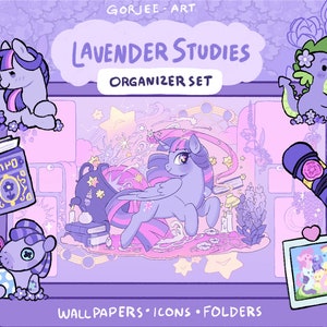 May include: A digital organizer set with a lavender theme. The set includes wallpapers, icons, and folders. The design features a purple pony with a pink mane and tail, a purple dragon, and a book with a flower design. The text "Lavender Studies Organizer Set" is displayed at the top of the image.
