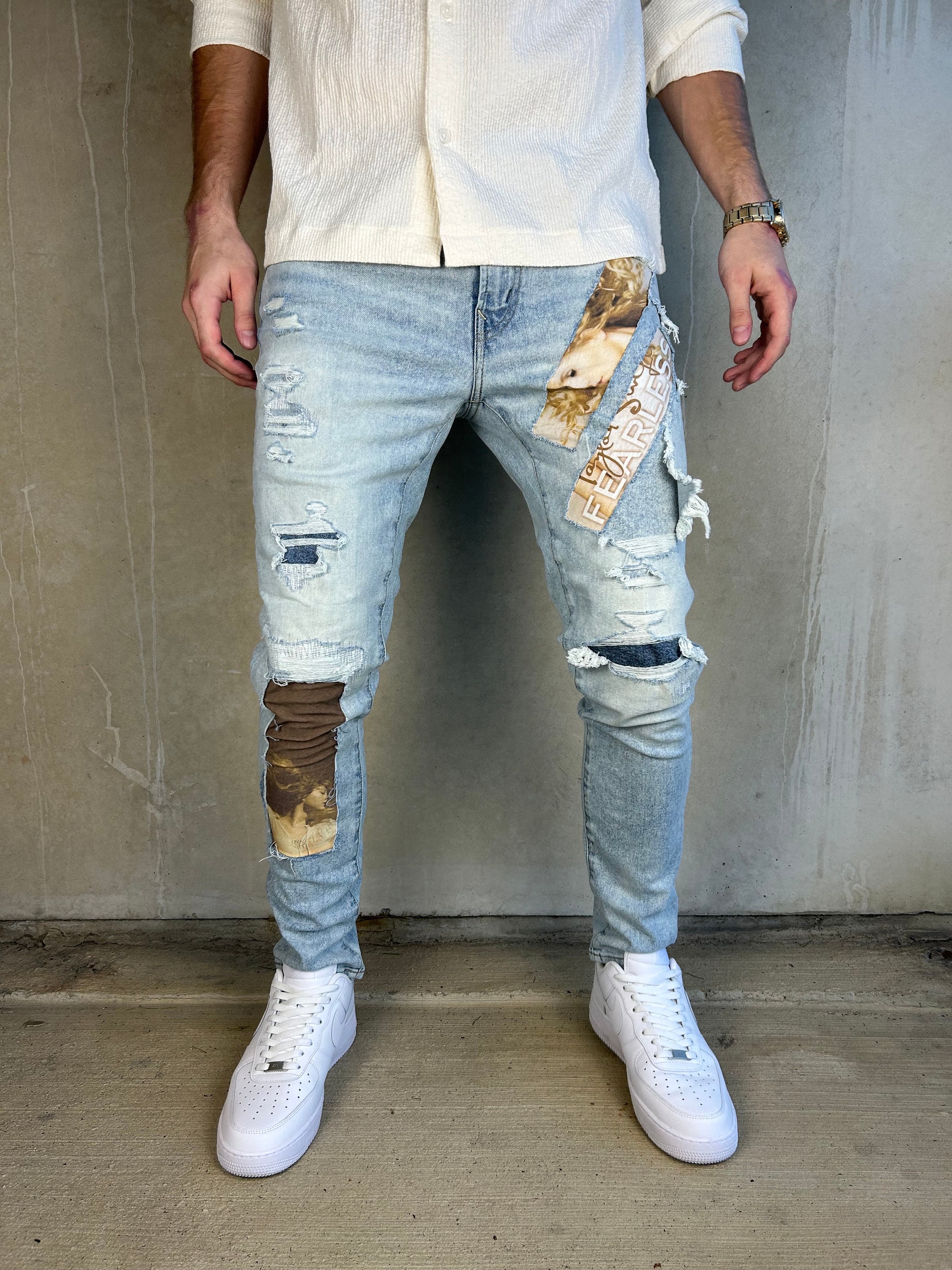 Ripped Biker Jeans for Men, Straight Leg Slim Fit Destroyed Stretch  Motorcycle Denim Pants Fashion Buckle Punk Jeans(Black,Small) at   Men's Clothing store