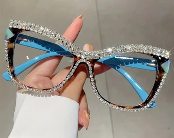 Lunettes oeil de chat chics avec strass - Verres transparents, sans ordonnance - Lunettes pour ordinateur élégantes pour les fêtes et le bal