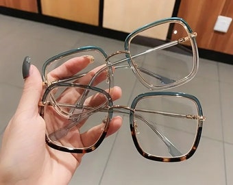 Oversized Square Frame Clear Lens Glasses - Color Block Leopard Fashion Spectacles for Women