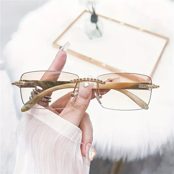 Luxury Rhinestone Rimless Fashion Glasses - Unisex Boho Eyewear for Travel & Outdoor Activities