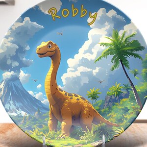 Customizable Child&#39;s Dinnerware, Cute Dinosaur Theme, Unbreakable Kids Plate, Personalized Name Plate, Gift for Toddlers, BPA Free