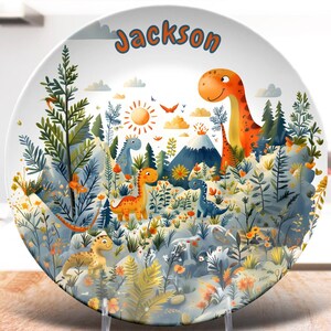 Cute Dinosaur Name Plate for Kids, Personalized Children&#39;s Dinnerware, Custom Dinosaur Design, Unbreakable Plate for Mealtime Fun, Kid Gift