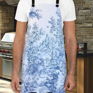 Elegant Blue Landscape Apron, Kitchen Decor, Gift for Bakers, Cooking Apron, Hostess Gift, Vintage Style Cooking, Blue Toile with Dog