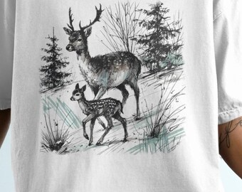 Comfort Colors Deer Family T-Shirt, Hand-Drawn Style Forest Animal Tee, Doe and Fawn Sketch Style Artwork Shirt, Wildlife Apparel, Nature