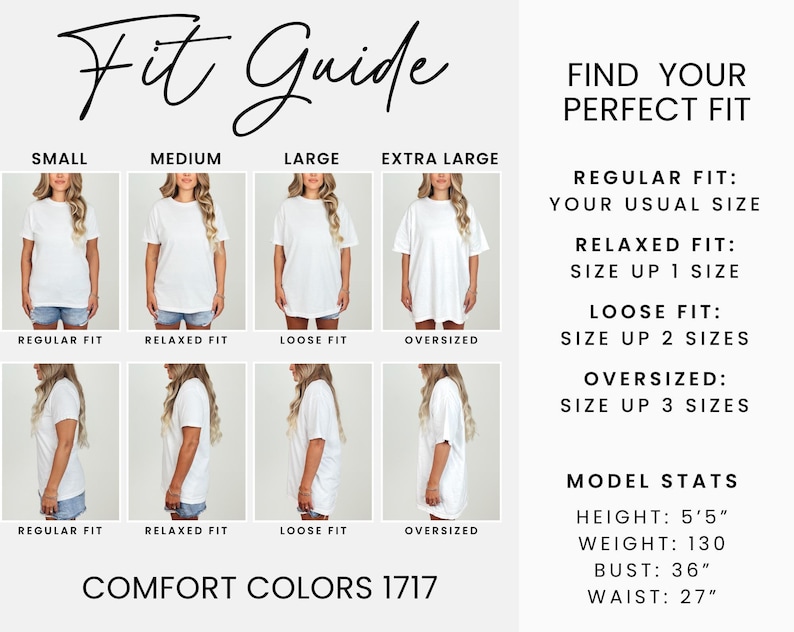 The image is a collage of eight images depicting different sizes of women wearing white t-shirts, along with corresponding fit guide descriptions for each size.