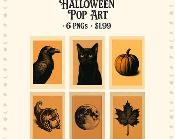 Vintage Halloween Pop Art Clipart: Raven, Cat, Pumpkin (PNGs)