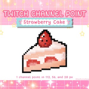 Strawberry Cake Channel Point Twitch Stream, Kawaii Twitch Pixel Stream Emotes, Cute Pink Stream Icons, Kawaii Strawberry Channel Points