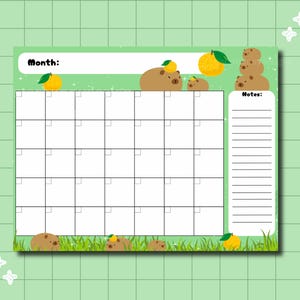 Capybara and Yuzu Printable Monthly Calendar, Kawaii Printable Calendar Template, Capybara GoodNotes Planner, Cute Printable Calendar