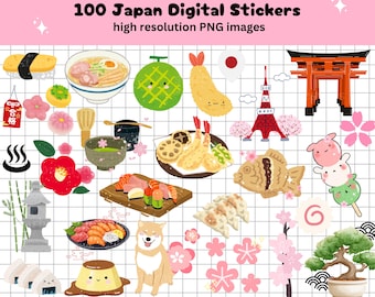 Paquete de 100 pegatinas PNG de Japón, pegatinas digitales de viajes a Japón, pegatinas de GoodNotes de Japón, pegatinas Kawaii de GoodNotes para vacaciones en Japón