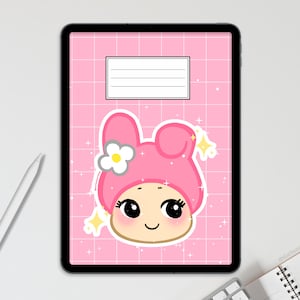 Puede incluir: Una portada de agenda digital rosa y blanca con un personaje de dibujos animados con orejas de conejo y una flor en la cabeza. El fondo es rosa con un patrón de cuadrícula y estrellas blancas.