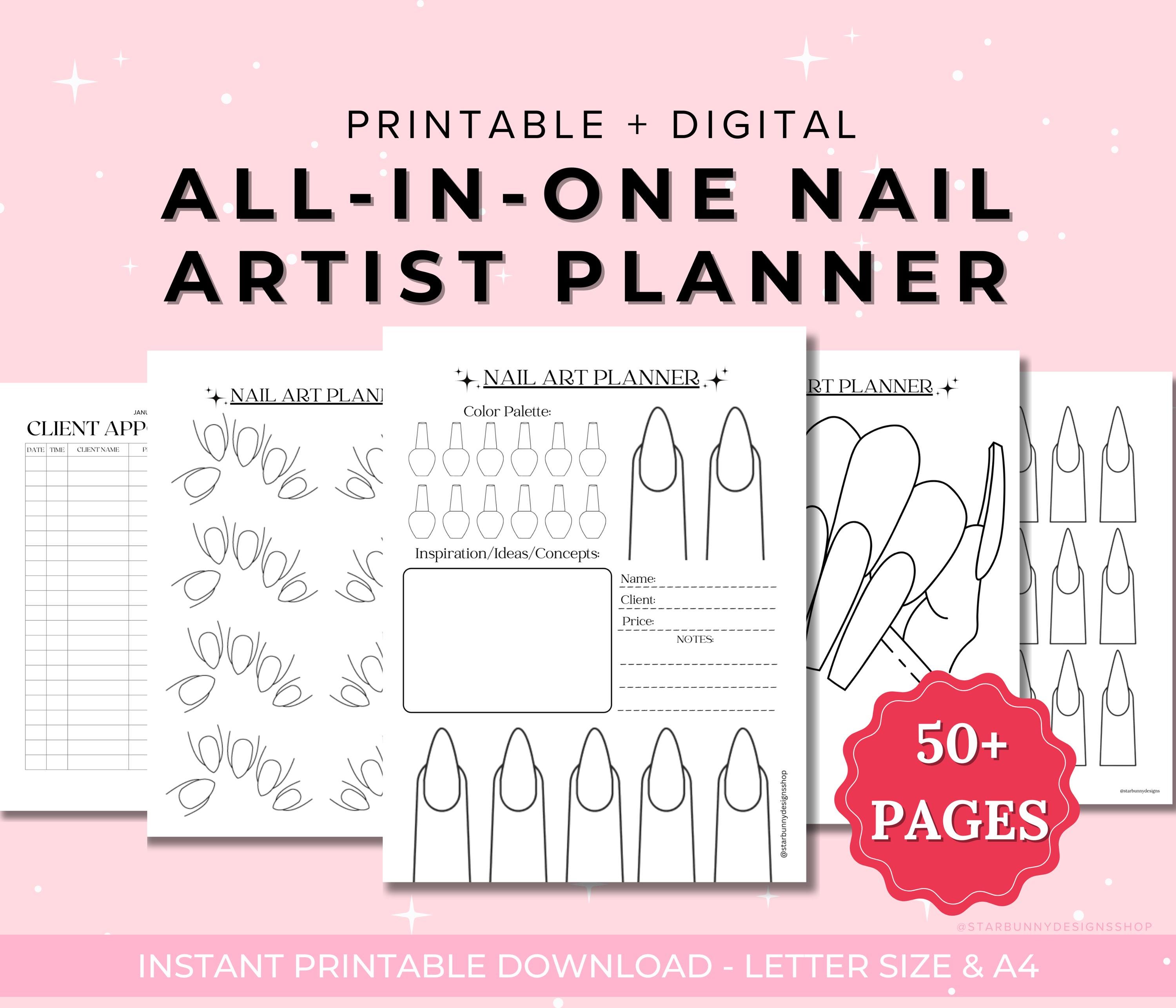 All-In-One Nail Artist Planner Template Pack, Digital and Printable Nail Art Planner, Nail Tech Art Planner, Nail Art Practice Template