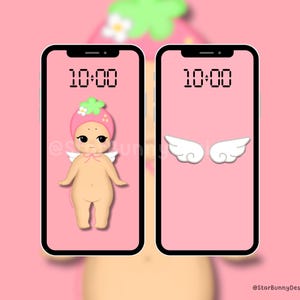 Pink Berry Angel Baby Phone Wallpaper Set, Kawaii Sonny Wallpaper, Kawaii iPhone Wallpapers, Cute Wallpaper Sets, Cute Strawberry Wallpapers