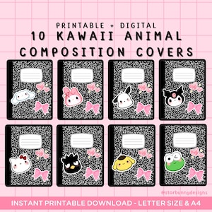 10 Kawaii Animal Composition Covers, Cute Digital Composition Notebook Covers, Kawaii Planner Covers GoodNotes, Kawaii Digital Covers