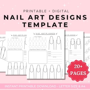 May include: Printable nail art design planner template with over 20 pages. The template includes sections for color palettes, inspiration, nail shapes, and notes. The template is designed for nail technicians and artists.